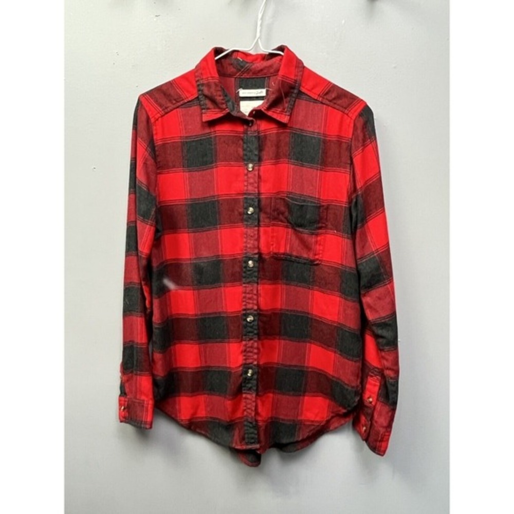 American Eagle Red Black Plaid Boyfriend Fit Flannel Shirt Womens‎ XS Soft